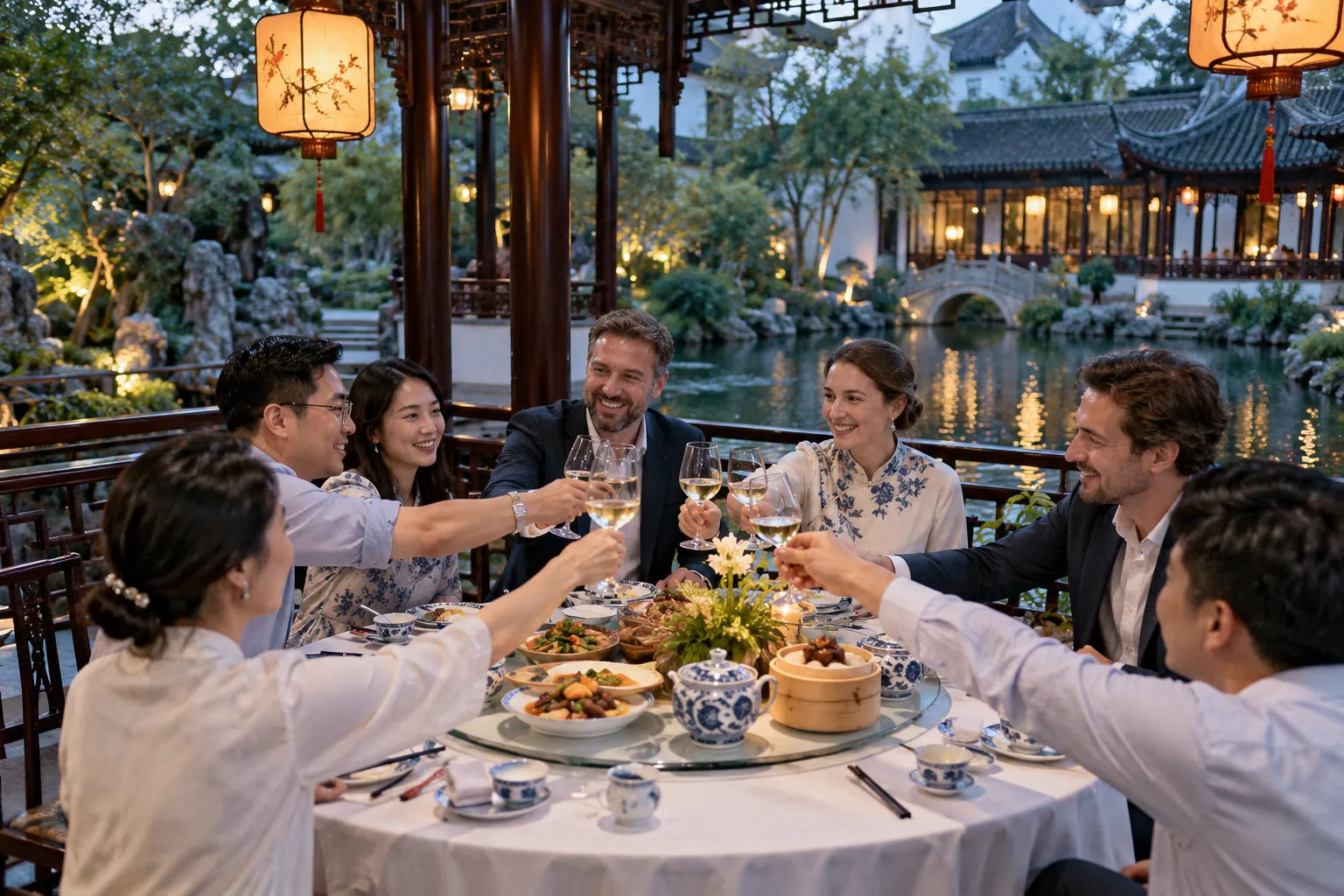 A team dinner in a garden restaurant